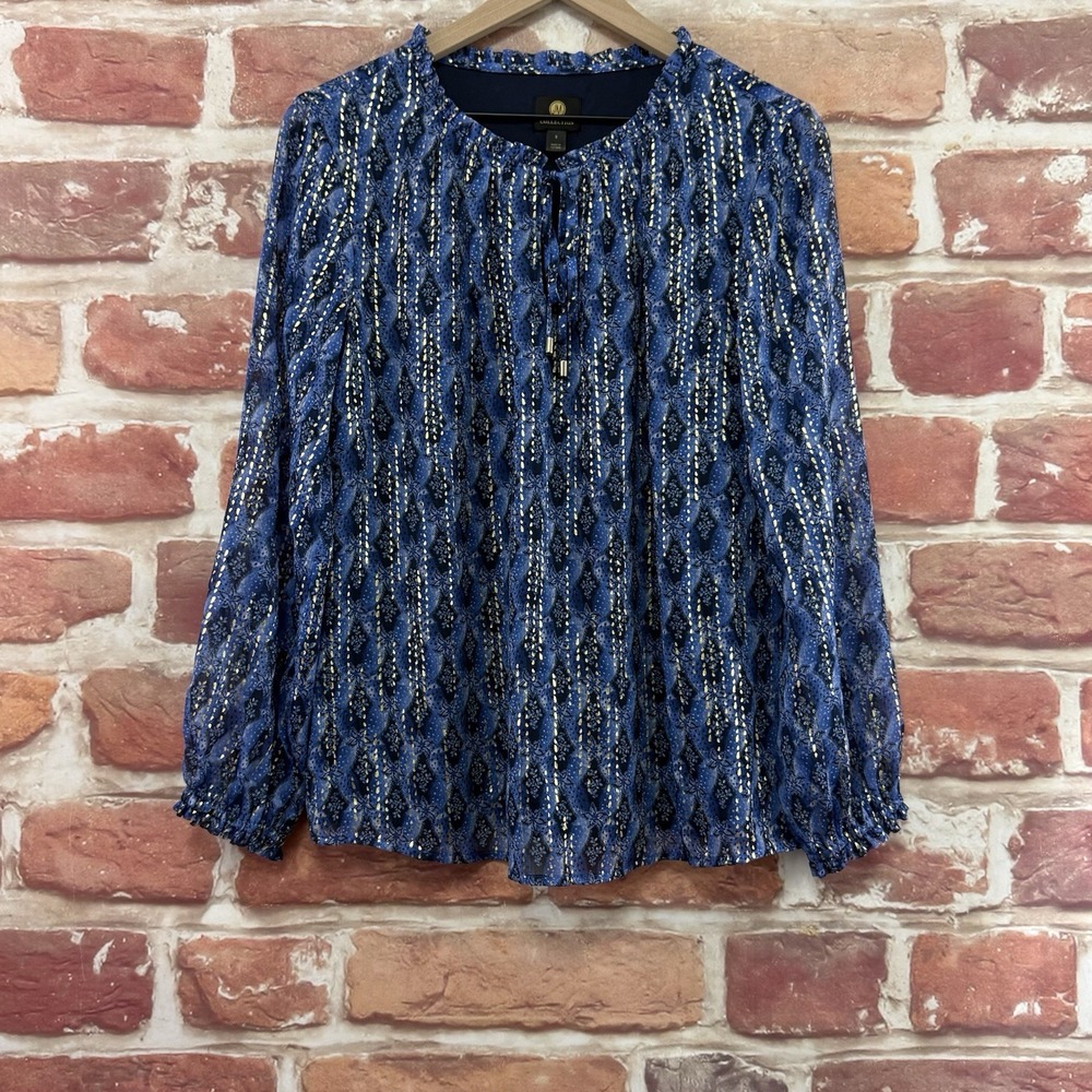 JM Collection Top Women's S Blue Metallic Boho Floral Abstract Tie Neck Shirt